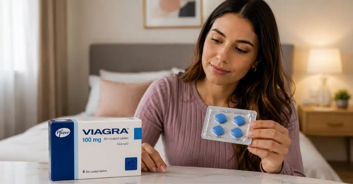 Woman holding Viagra tablets while exploring female Viagra options
