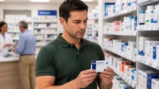 Man looking at a Viagra box in a pharmacy