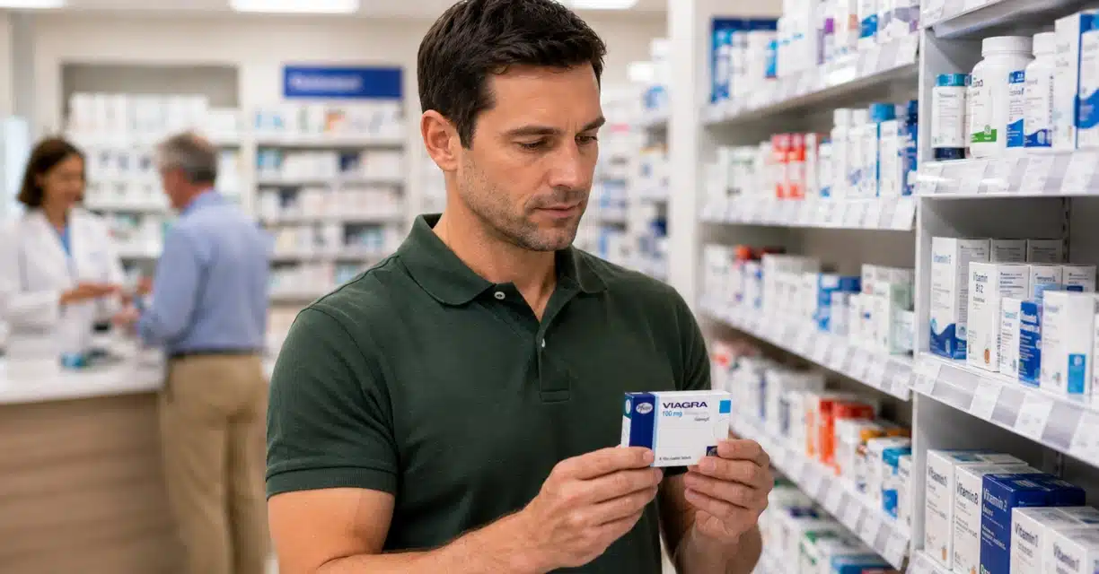 Man looking at a Viagra box in a pharmacy