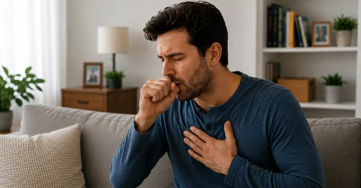 Man experiencing asthma symptoms while considering family history