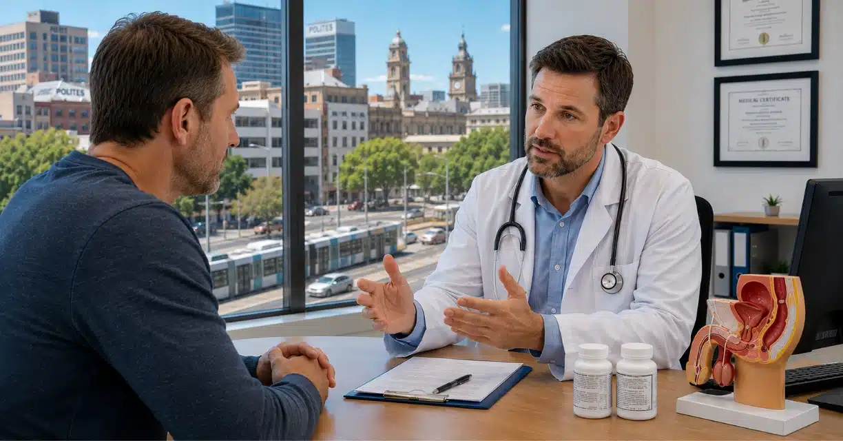 Doctor discussing erectile dysfunction treatments with man in Adelaide