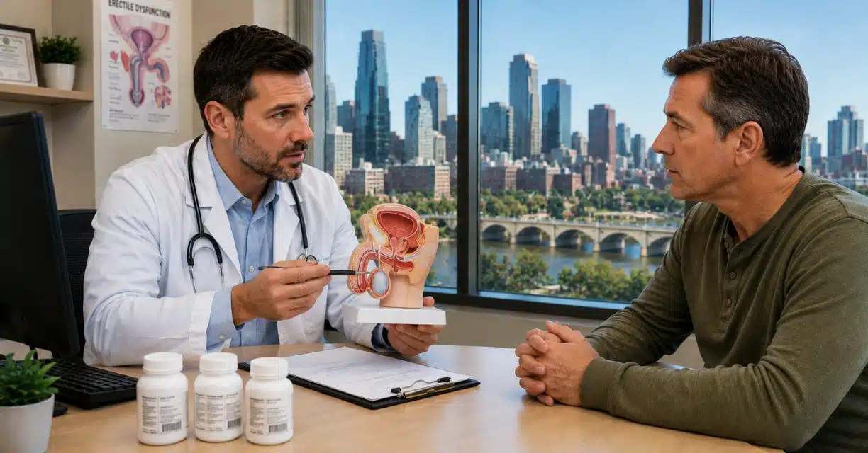Doctor explaining erectile dysfunction options to man in Minneapolis