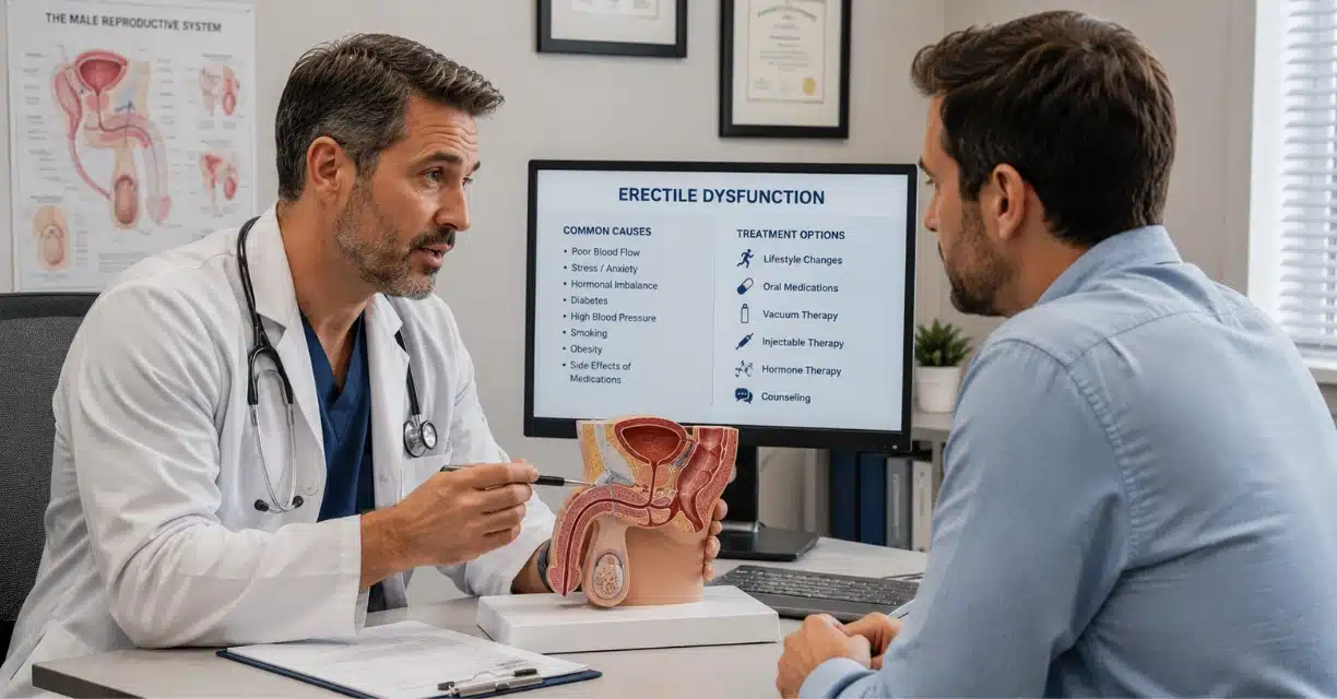 Doctor reviewing erectile dysfunction treatments with man in Montreal