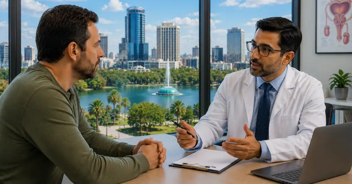 Doctor explaining erectile dysfunction treatments to man in Orlando