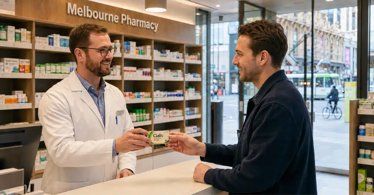 Man buying Cialis from pharmacist at Melbourne pharmacy