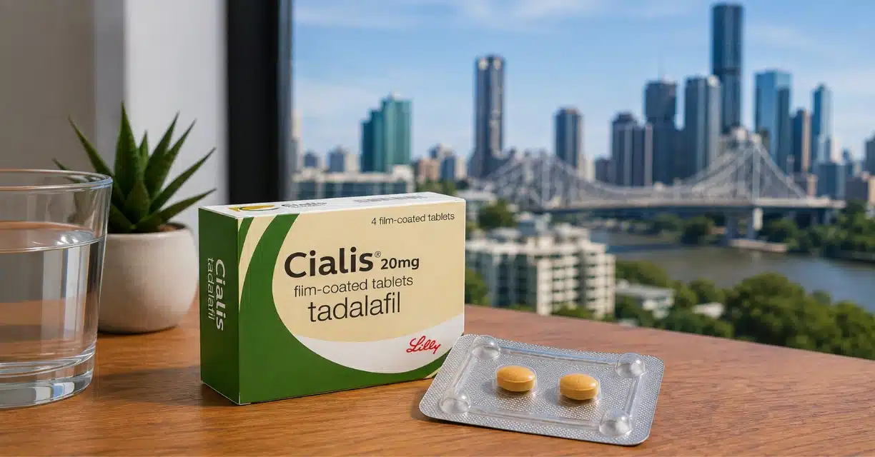 Cialis 20 mg tablets displayed against Brisbane skyline