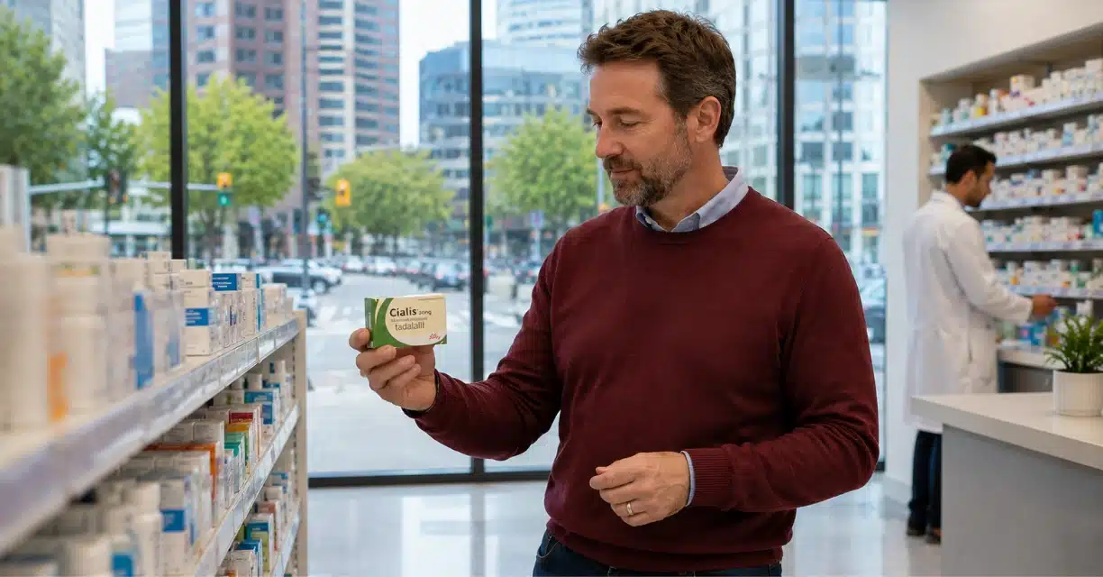 Man holding Cialis 20 mg box inside Raleigh pharmacy