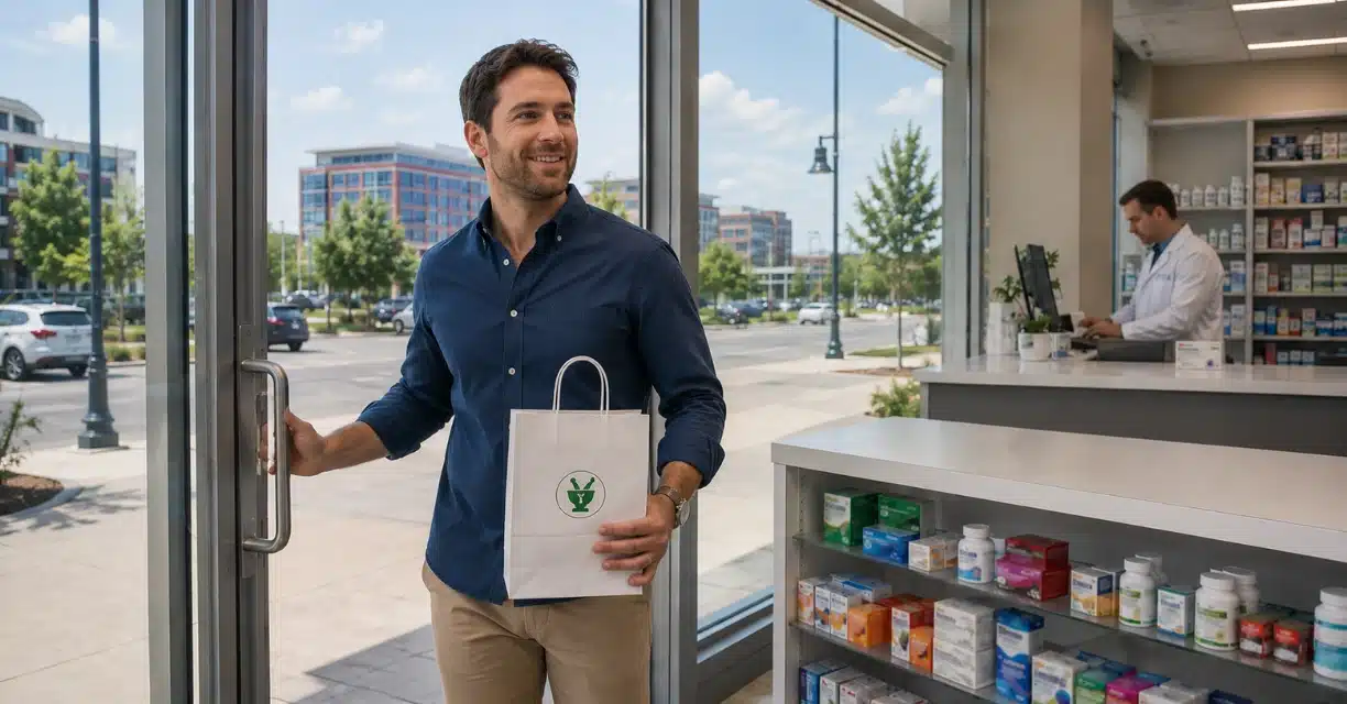 Man leaving Ashburn pharmacy carrying a medicine shopping bag