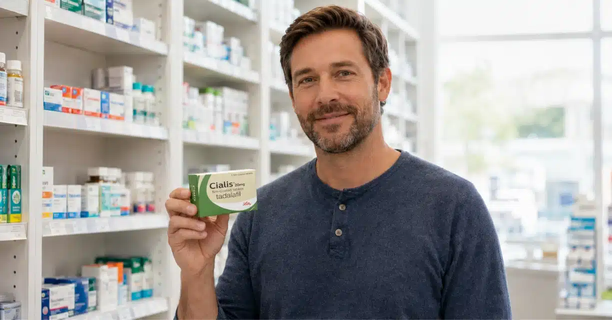 Man holding Cialis 20 mg box inside Calgary pharmacy