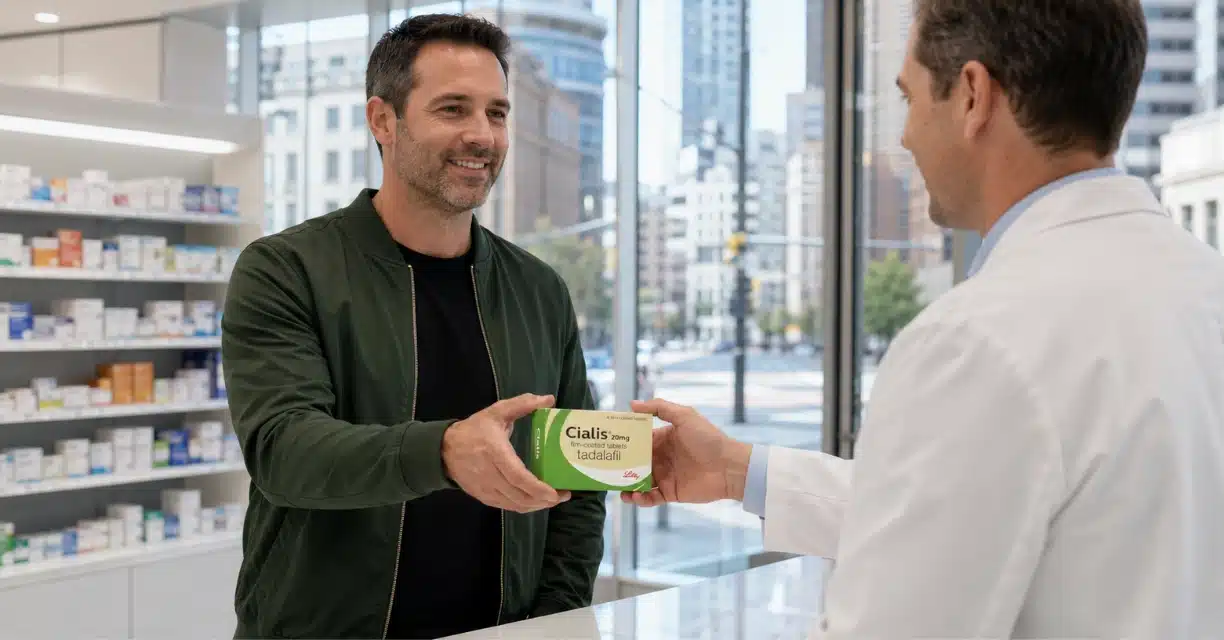Pharmacist handing Cialis 20 mg box to man in Indianapolis