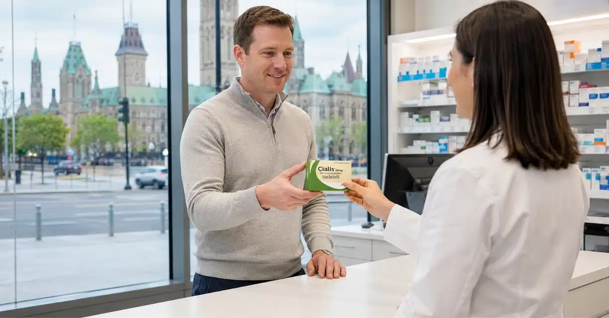Pharmacist discussing Cialis 20 mg with man in Ottawa