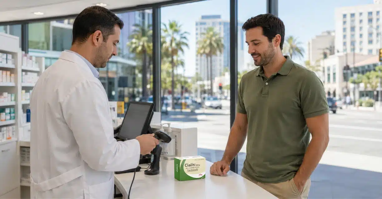Man purchasing Cialis 20 mg at San Jose pharmacy counter