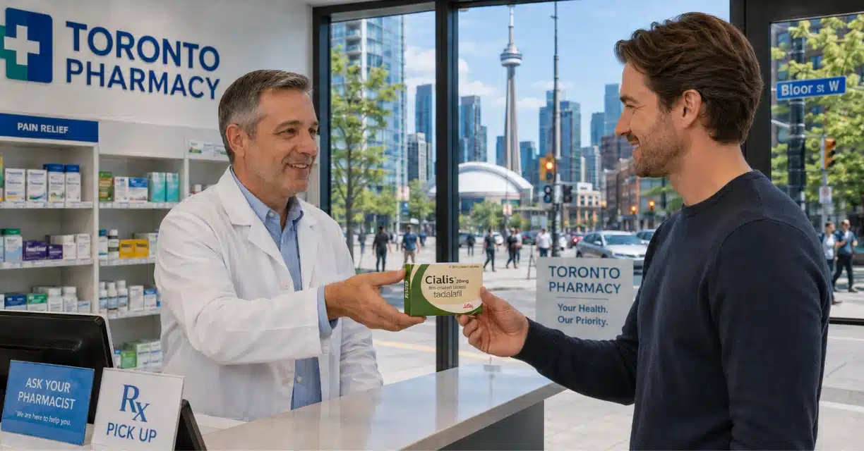 Pharmacist handing Cialis to customer at Toronto pharmacy