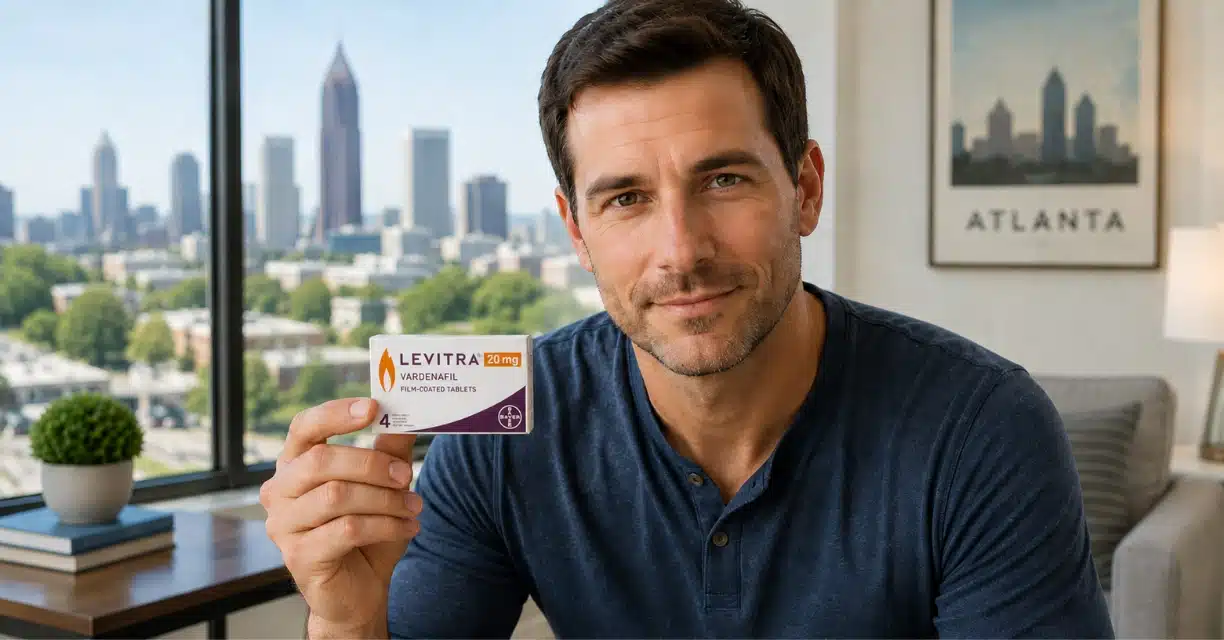 Man holding Levitra box with Atlanta skyline behind him