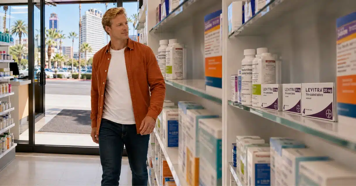 Man browsing Levitra 20 mg boxes in Las Vegas pharmacy