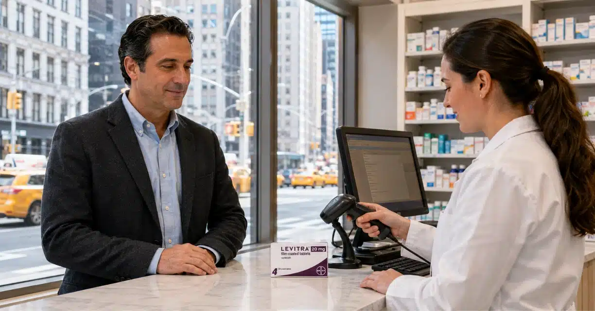 Man buying Levitra 20 mg at New York pharmacy counter