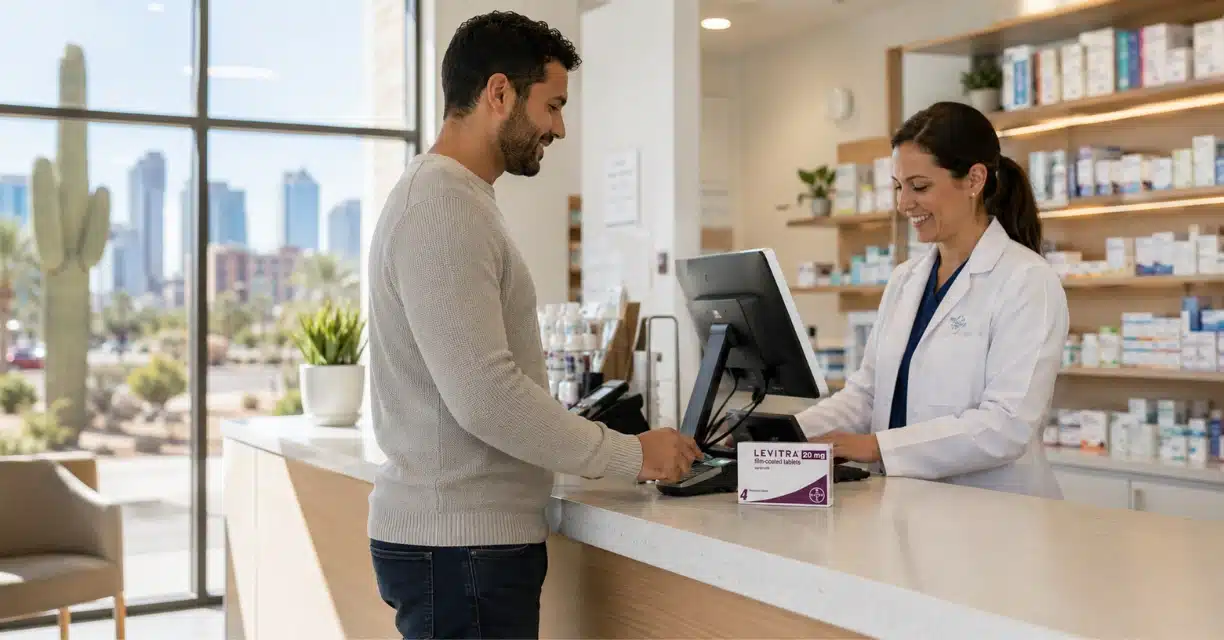 Man purchasing Levitra 20 mg at Phoenix pharmacy counter