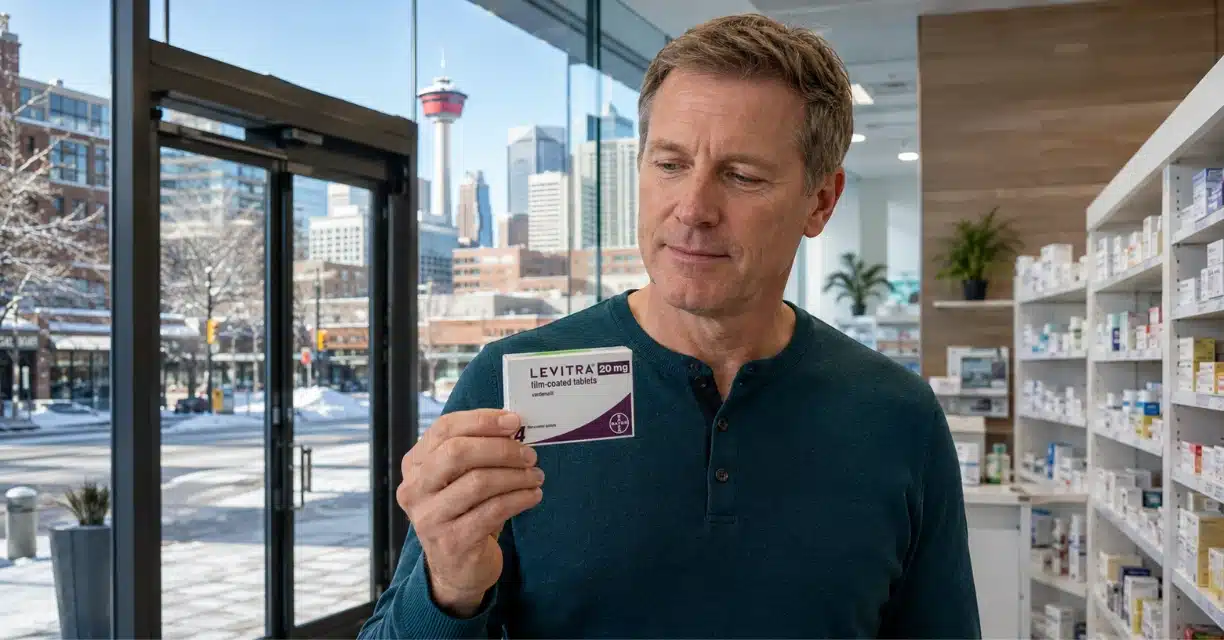 Man holding Levitra 20 mg box inside Calgary pharmacy
