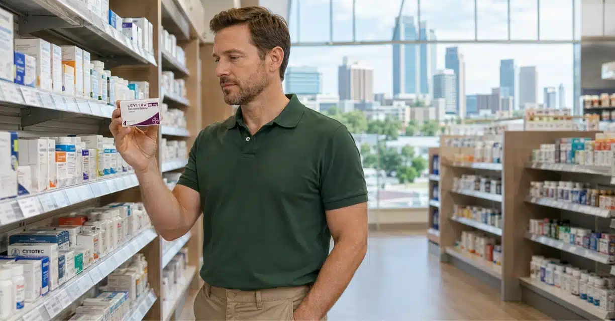 Man examining Levitra 20 mg box in Charlotte pharmacy aisle
