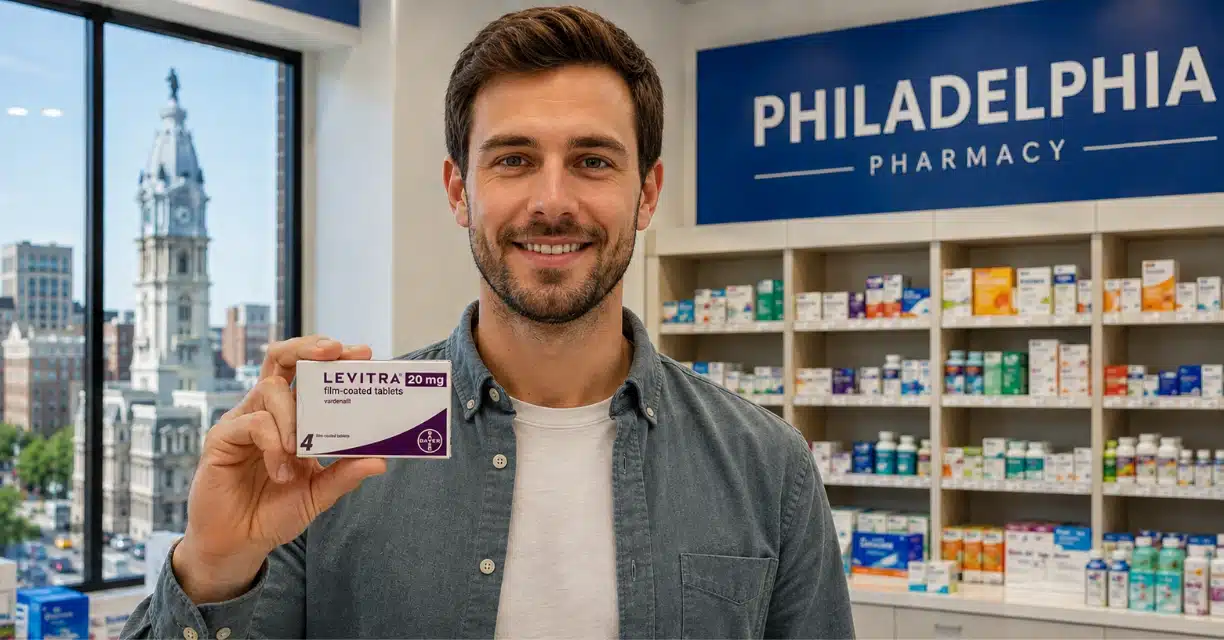 Man holding Levitra package at Philadelphia pharmacy