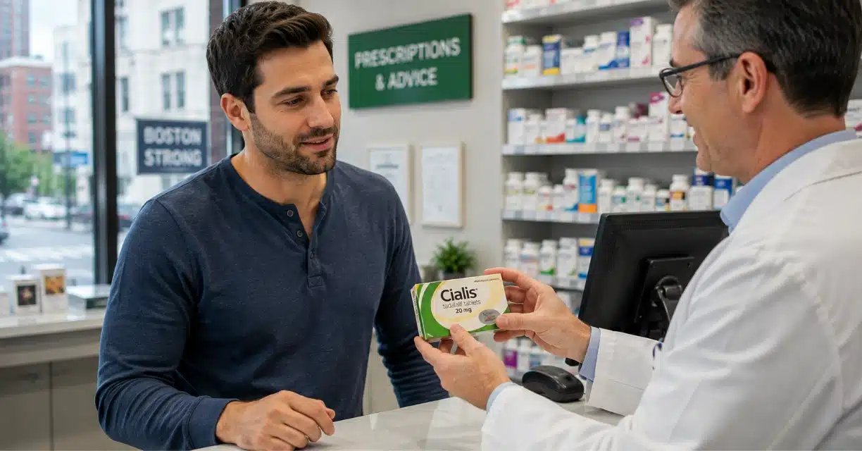 Pharmacist handing Cialis to customer at Boston pharmacy