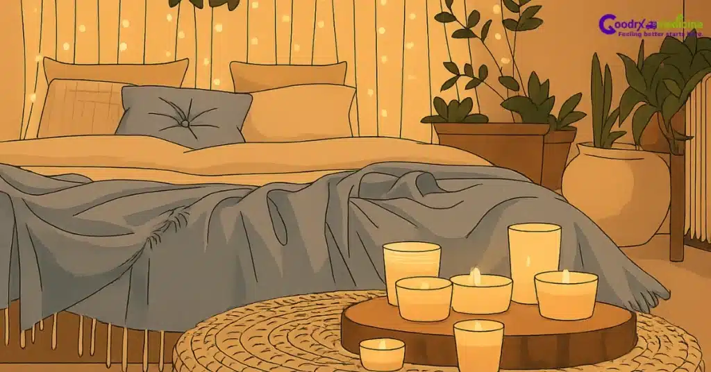 Cozy bedroom with dim lighting and candles to create a romantic atmosphere
