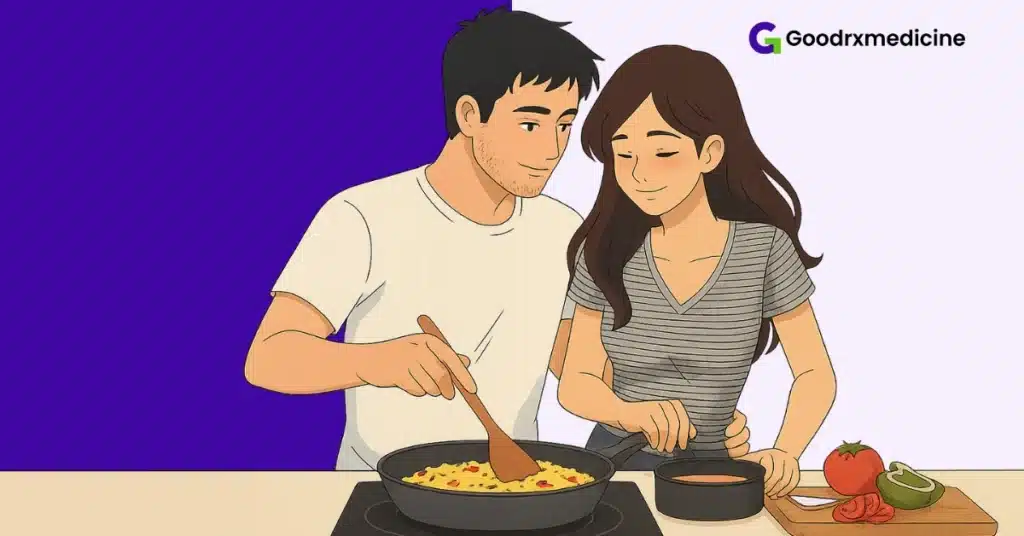 Couple laughing together while cooking as a bonding activity