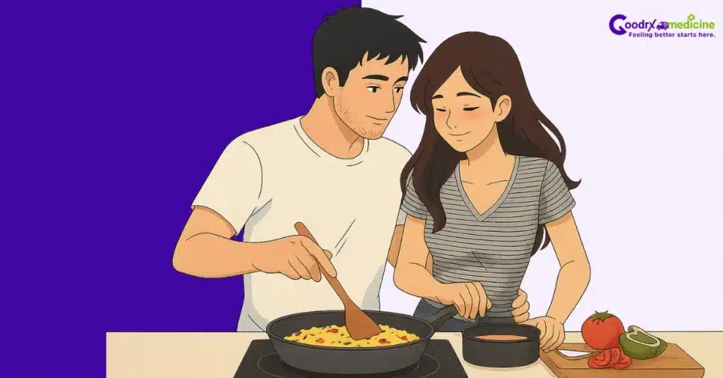 Couple bonding through playful moments at home in the kitchen