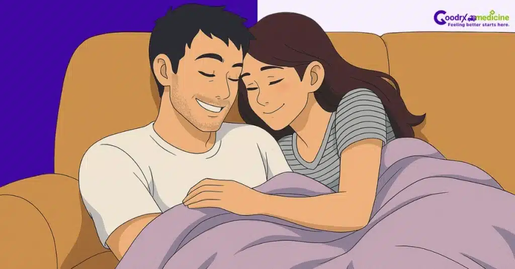 Couple enjoying a warm, quiet moment on the couch to rekindle intimacy