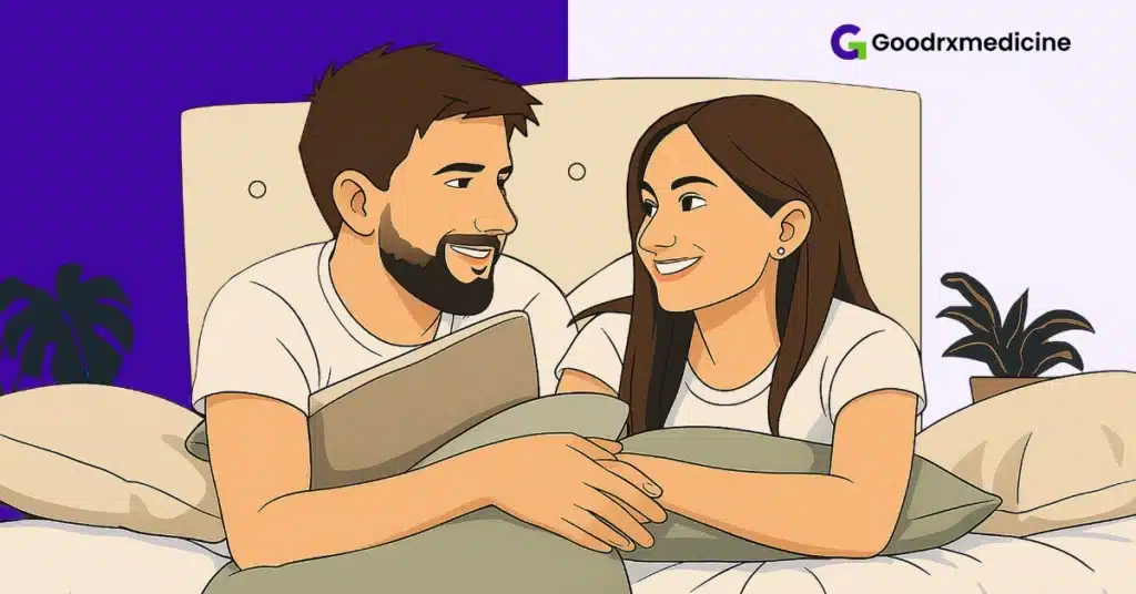 Couple talking and laughing in bed while sharing desires