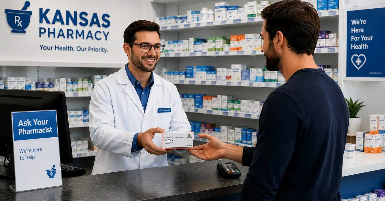 Pharmacist handing Ivermectin to customer at Kansas City pharmacy