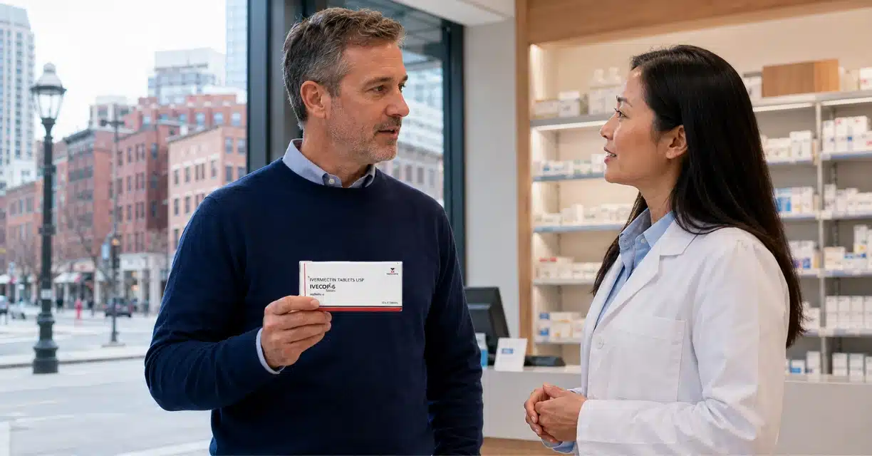 Man holding Ivecop-6 ivermectin box beside pharmacist in Boston