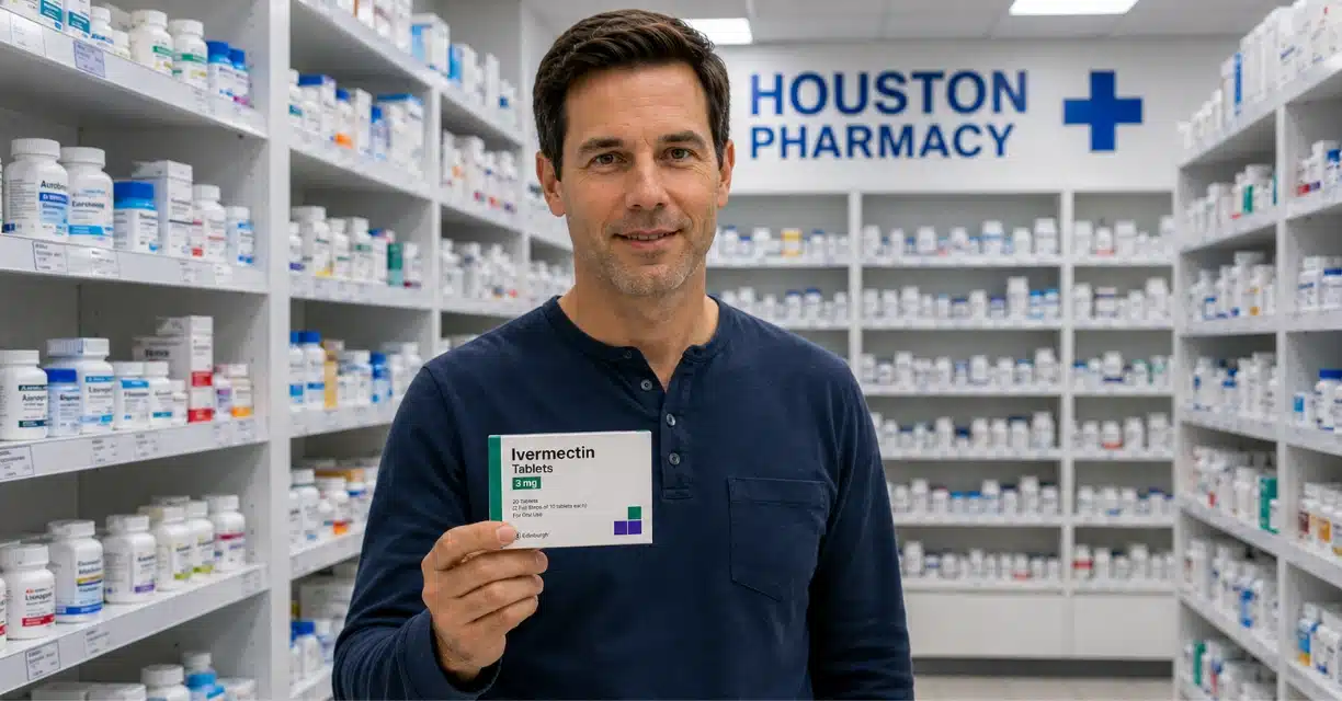 Man holding ivermectin box inside Houston pharmacy