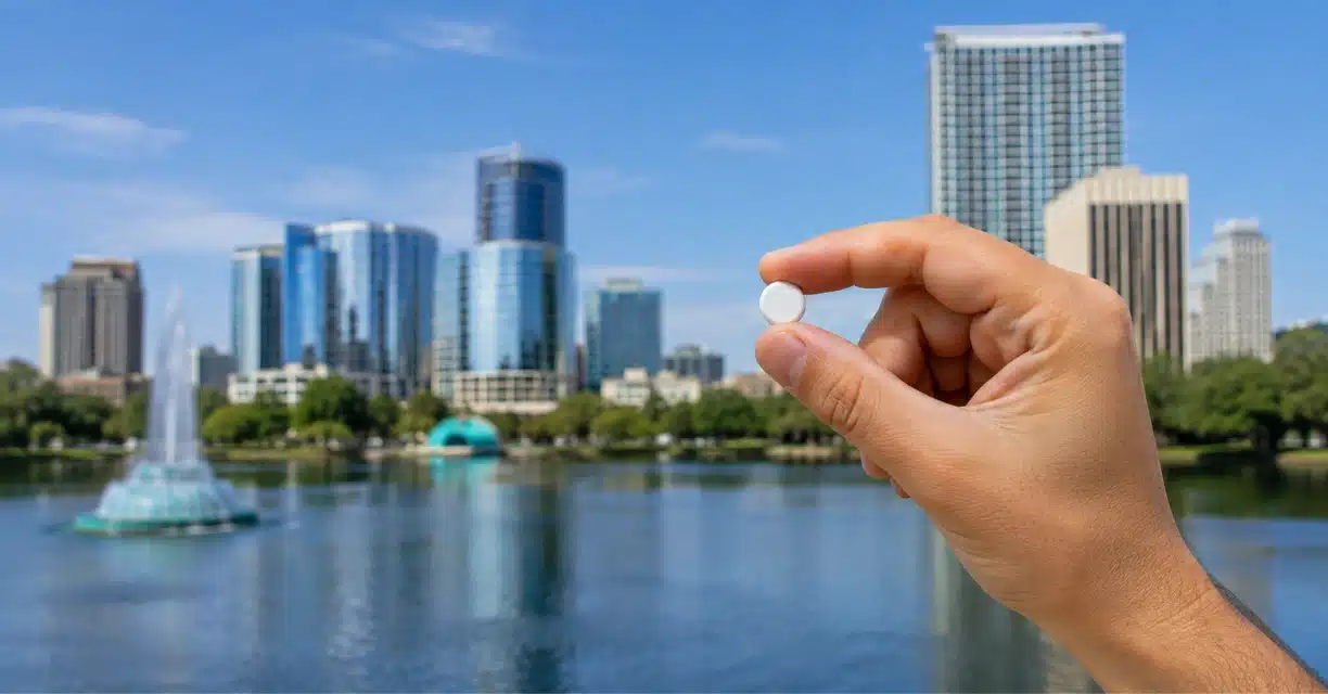 Hand holding ivermectin tablet with Orlando skyline background