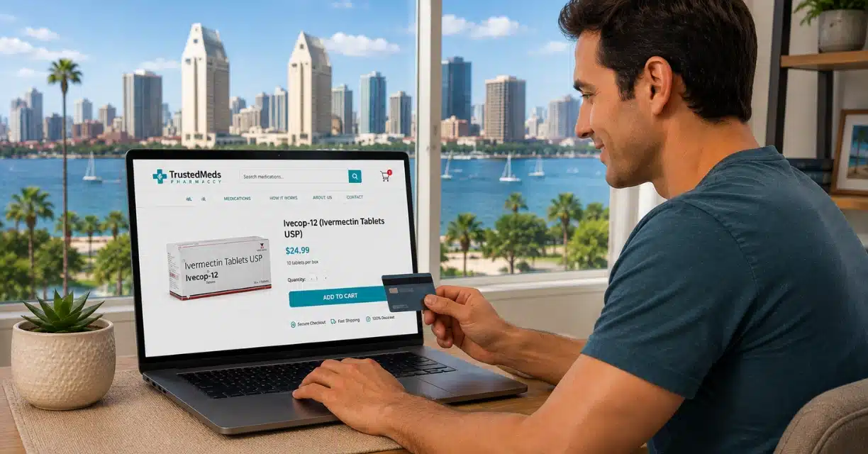 Man buying Ivermectin online from a San Diego pharmacy