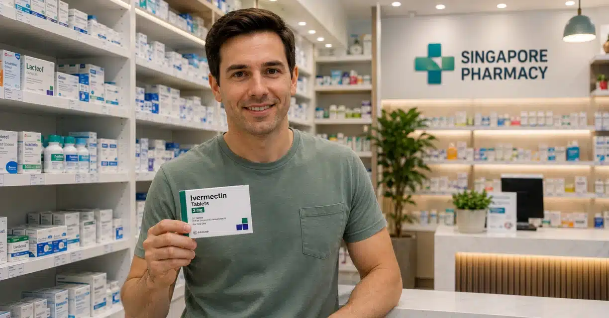 Man holding ivermectin inside Singapore pharmacy