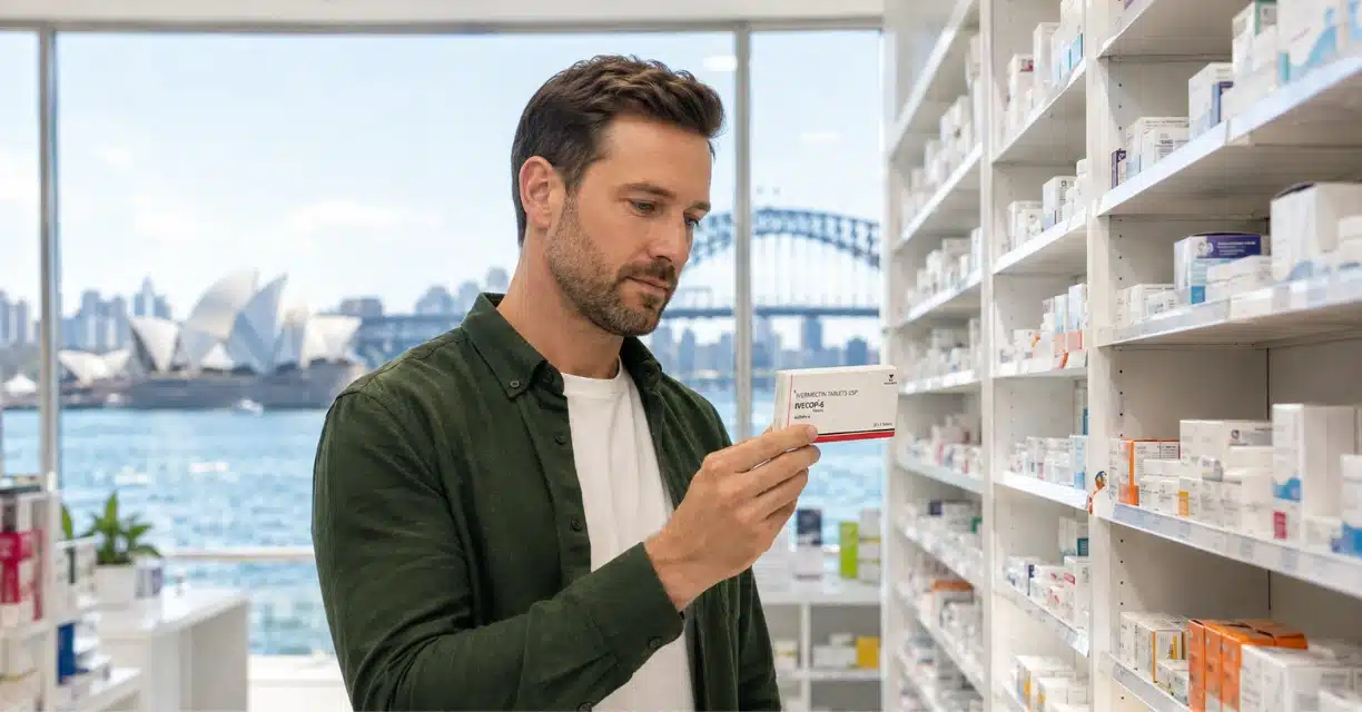 Man holding Ivecop-6 ivermectin box inside Sydney pharmacy