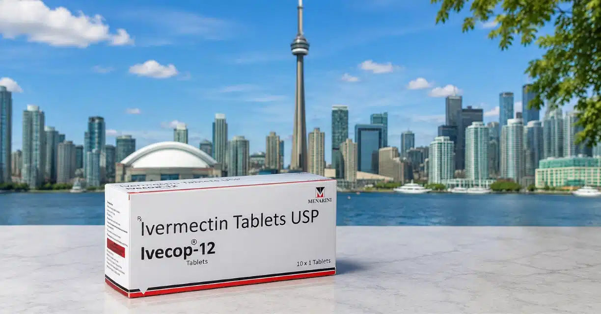 Ivermectin tablets displayed with Toronto skyline
