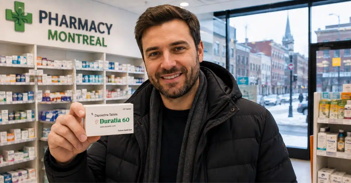 Man holding Dapoxetine package at Montreal pharmacy