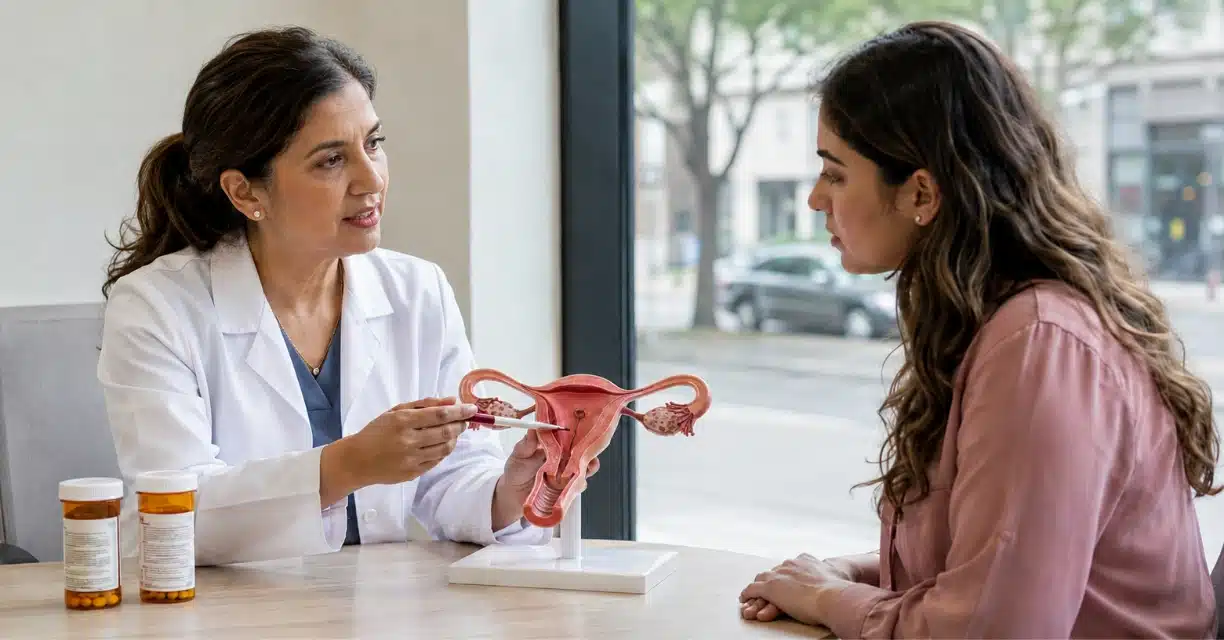 Doctor discussing PCOS with woman and uterus model in Toronto