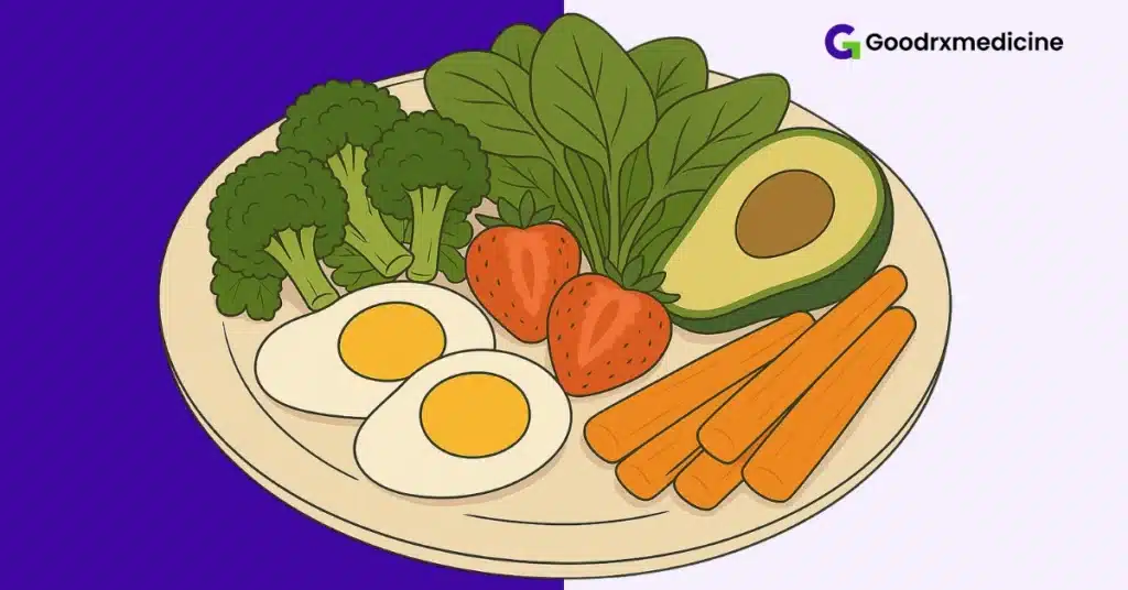 Plate with green vegetables, eggs, and fruits showing balanced nutrition