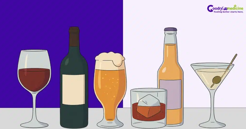 Various alcoholic drinks in glasses and bottles