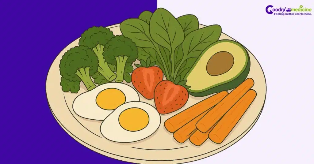 Balanced diet with vegetables, eggs, and fruits for sexual health