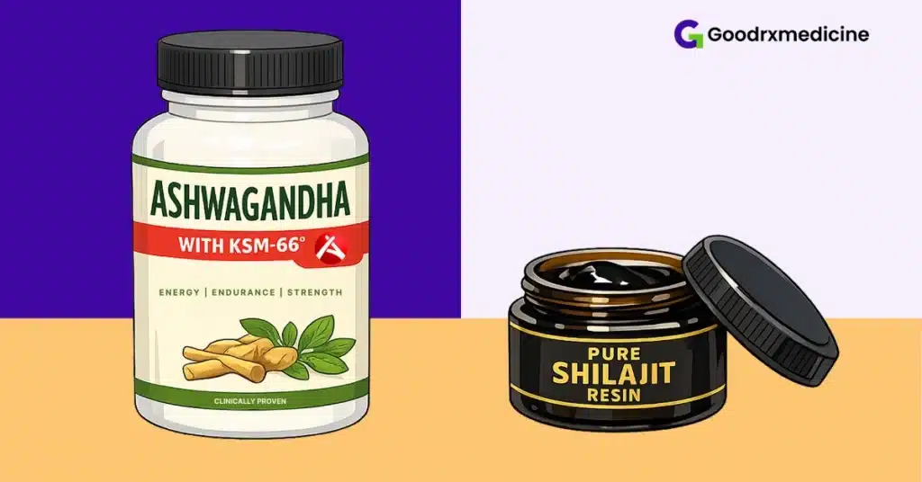 Ashwagandha KSM-66 supplement bottle beside pure shilajit resin