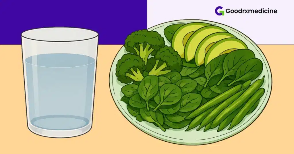 Glass of water and green leafy vegetables supporting herbal routines