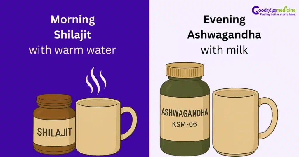 Morning Shilajit with water, evening Ashwagandha with milk
