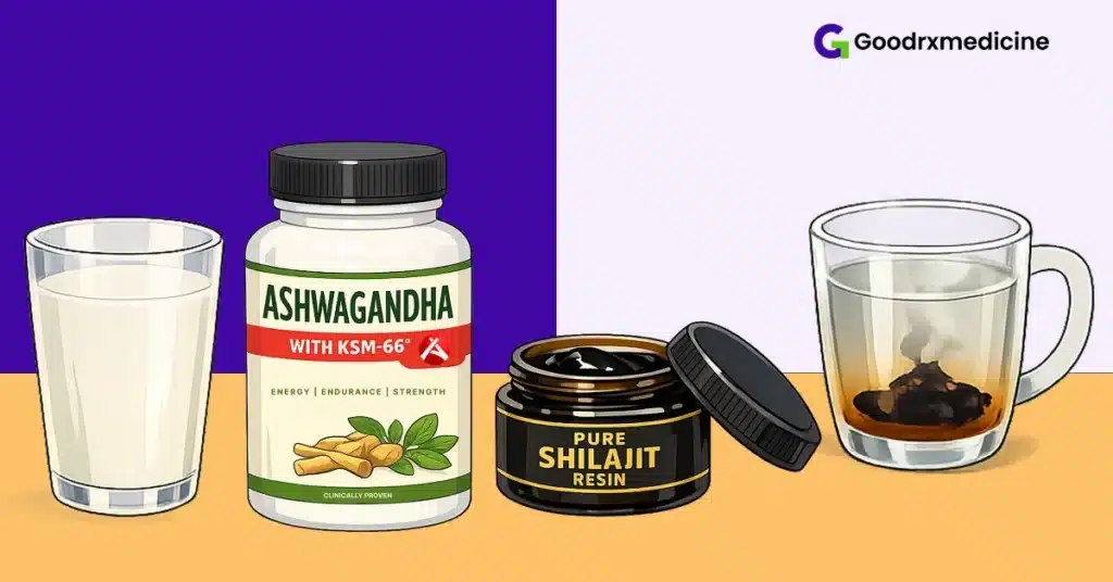Image showing morning shilajit with warm water and evening ashwagandha with milk
