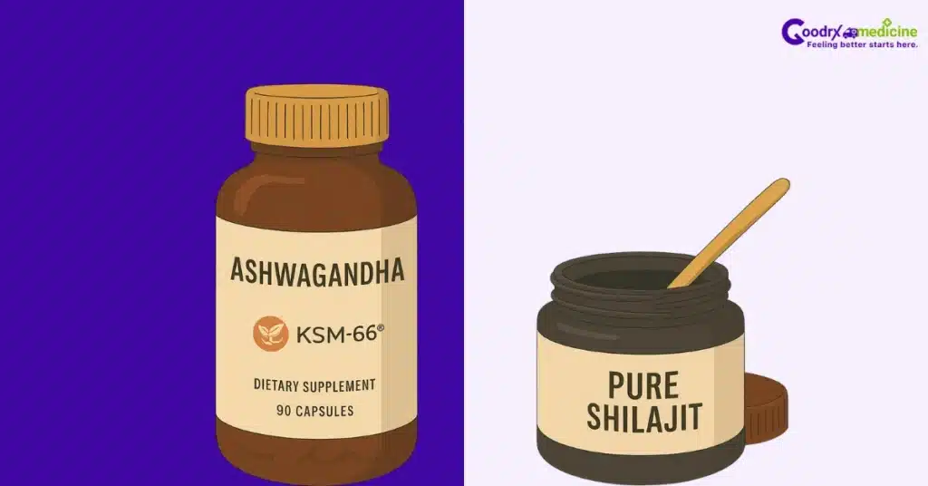 KSM-66 Ashwagandha bottle beside Shilajit resin jar