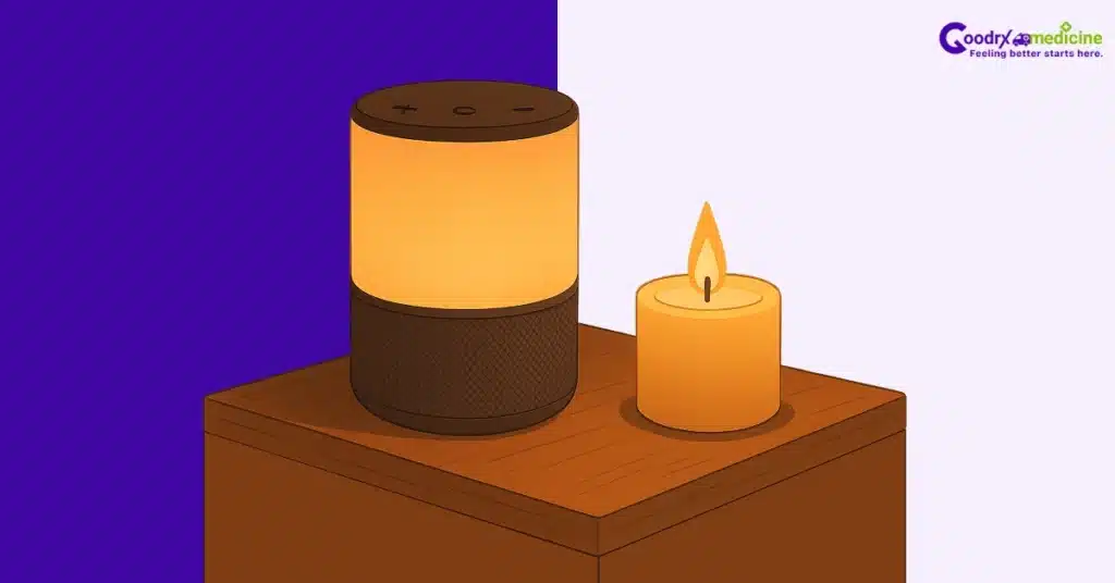 Bluetooth speaker glowing softly in candlelight
