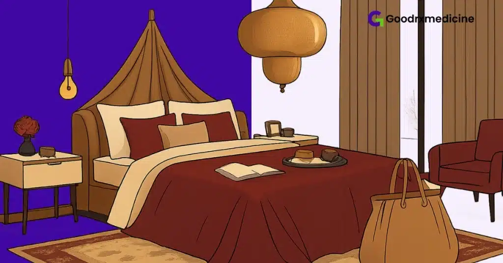 Neutral bedroom with burgundy duvet creating a romantic color palette